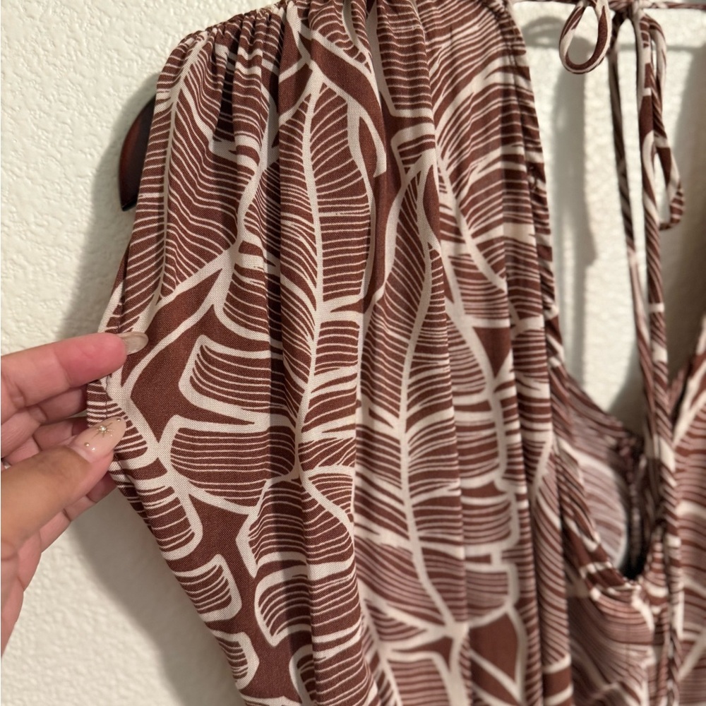 Brown and White leaf print wide leg jumpsuit